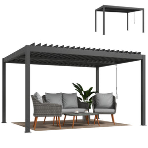 Pergola bioclimatique 4x3m, pergola aluminium, lames orientables, manivelle, système de drainage, tonnelle de jardin abri terrasse, résistante vent, protection soleil, imperméable, gris foncé