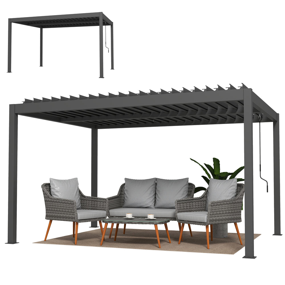 Pergola bioclimatique 4x3m, pergola aluminium, lames orientables, manivelle, système de drainage, tonnelle de jardin abri terrasse, résistante vent, protection soleil, imperméable, gris foncé