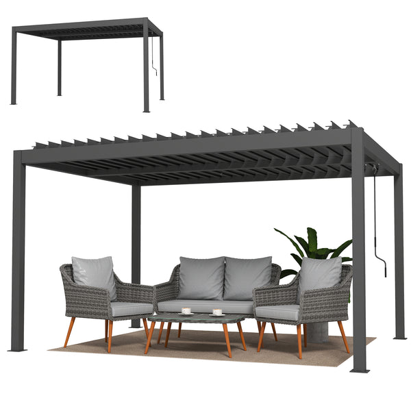 Pergola bioclimatique 4x3m, pergola aluminium, lames orientables, manivelle, système de drainage, tonnelle de jardin abri terrasse, résistante vent, protection soleil, imperméable, gris foncé