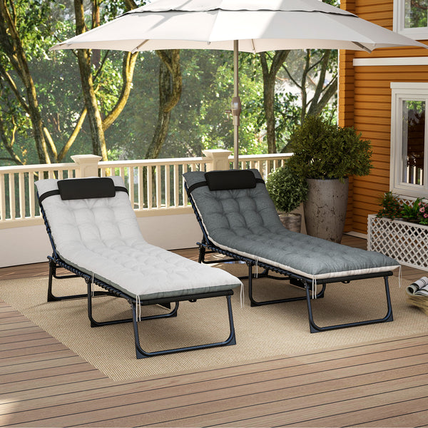 Lot de 2 bain de soleil, chaise longue pliante en textilène, transat jardin extérieur inclinable, coussin, appui-tête, poche latérale, pour patio, piscine, terrasse, 60x190x31cm, gris et noir