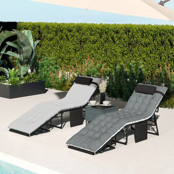 Lot de 2 bain de soleil, chaise longue pliante en textilène, transat jardin extérieur inclinable, coussin, appui-tête, poche latérale, pour patio, piscine, terrasse, 60x190x31cm, gris et noir
