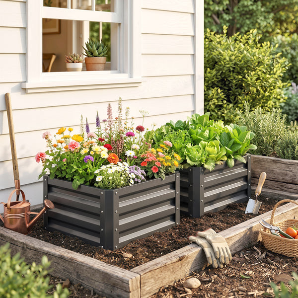 Lot de 2 jardinières surélevées en acier galvanisé 60 x 60 x 30,5 cm, carre potager de jardin pour légumes, fleurs et herbes, gris