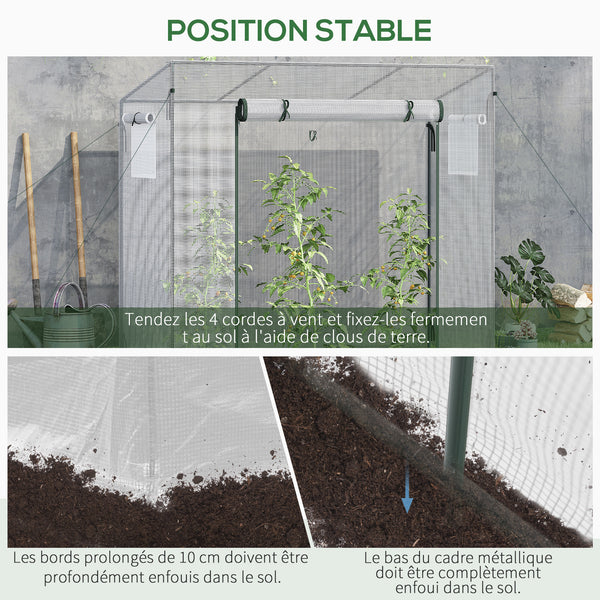 Serre de jardin PE, serre de balcon, bâche renforcée 140 g/m², châssis en acier, porte zippée enroulable, pour légumes plantes fleurs, intérieur et extérieur, 200 x 76 x 168 cm, blanc