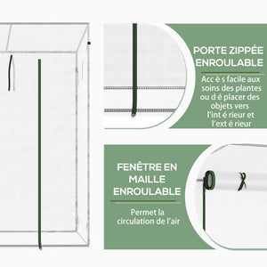 Serre de jardin PE, serre de balcon, bâche renforcée 140 g/m², châssis en acier, porte zippée enroulable, pour légumes plantes fleurs, intérieur et extérieur, 200 x 76 x 168 cm, blanc