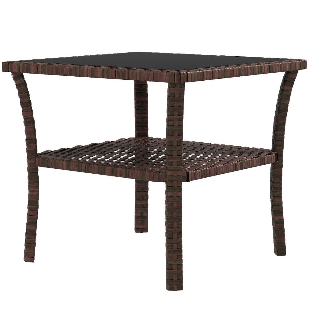 Table d'appoint de jardin en résine tressée 2 niveaux, 50 x 50 x 45 cm, table basse de jardin carrée avec plateau en verre trempé, structure en acier galvanisé pour extérieur, marron