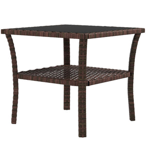 Table d'appoint de jardin en résine tressée 2 niveaux, 50 x 50 x 45 cm, table basse de jardin carrée avec plateau en verre trempé, structure en acier galvanisé pour extérieur, marron