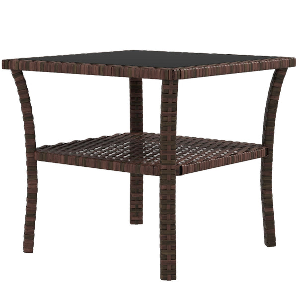 Table d'appoint de jardin en résine tressée 2 niveaux, 50 x 50 x 45 cm, table basse de jardin carrée avec plateau en verre trempé, structure en acier galvanisé pour extérieur, marron