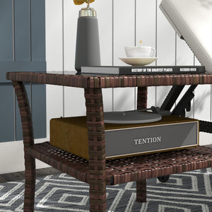 Table d'appoint de jardin en résine tressée 2 niveaux, 50 x 50 x 45 cm, table basse de jardin carrée avec plateau en verre trempé, structure en acier galvanisé pour extérieur, marron