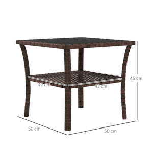Table d'appoint de jardin en résine tressée 2 niveaux, 50 x 50 x 45 cm, table basse de jardin carrée avec plateau en verre trempé, structure en acier galvanisé pour extérieur, marron