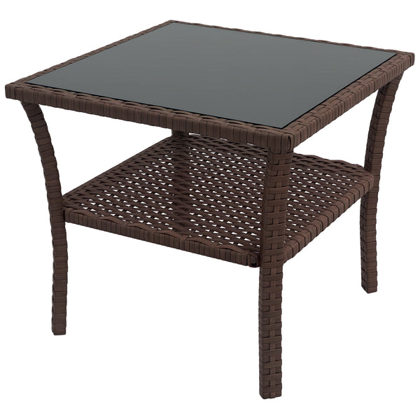 Table d'appoint de jardin en résine tressée 2 niveaux, 50 x 50 x 45 cm, table basse de jardin carrée avec plateau en verre trempé, structure en acier galvanisé pour extérieur, marron