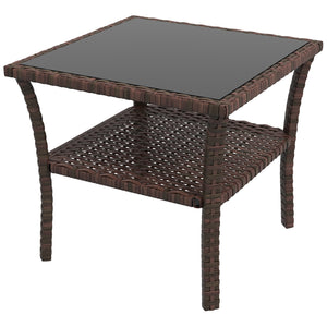 Table d'appoint de jardin en résine tressée 2 niveaux, 50 x 50 x 45 cm, table basse de jardin carrée avec plateau en verre trempé, structure en acier galvanisé pour extérieur, marron