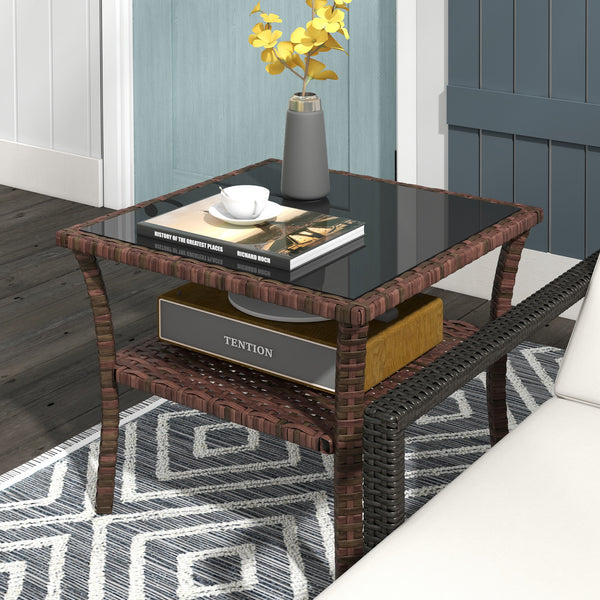 Table d'appoint de jardin en résine tressée 2 niveaux, 50 x 50 x 45 cm, table basse de jardin carrée avec plateau en verre trempé, structure en acier galvanisé pour extérieur, marron