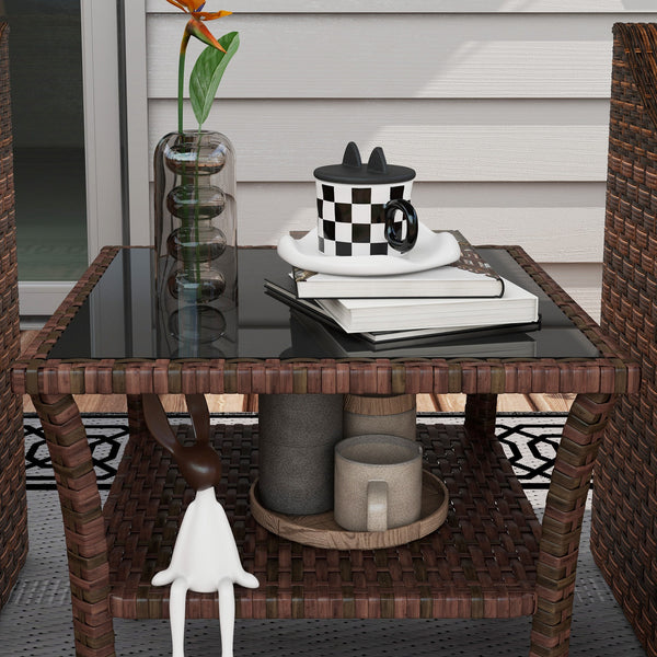 Table d'appoint de jardin en résine tressée 2 niveaux, 50 x 50 x 45 cm, table basse de jardin carrée avec plateau en verre trempé, structure en acier galvanisé pour extérieur, marron