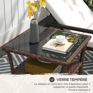 Table d'appoint de jardin en résine tressée 2 niveaux, 50 x 50 x 45 cm, table basse de jardin carrée avec plateau en verre trempé, structure en acier galvanisé pour extérieur, marron