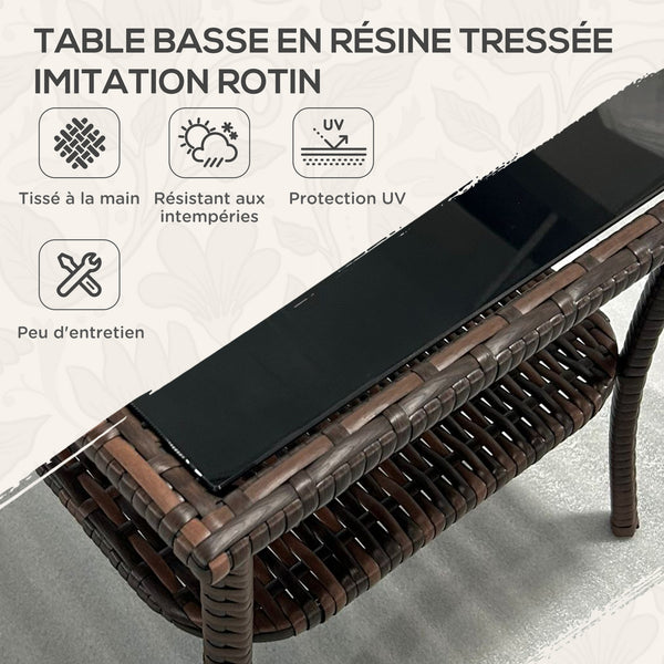 Table d'appoint de jardin en résine tressée 2 niveaux, 50 x 50 x 45 cm, table basse de jardin carrée avec plateau en verre trempé, structure en acier galvanisé pour extérieur, marron
