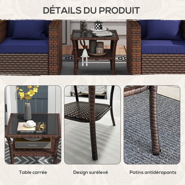 Table d'appoint de jardin en résine tressée 2 niveaux, 50 x 50 x 45 cm, table basse de jardin carrée avec plateau en verre trempé, structure en acier galvanisé pour extérieur, marron