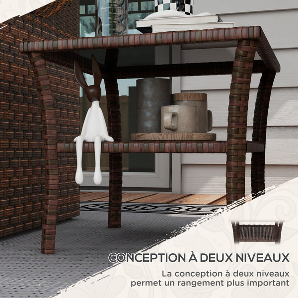 Table d'appoint de jardin en résine tressée 2 niveaux, 50 x 50 x 45 cm, table basse de jardin carrée avec plateau en verre trempé, structure en acier galvanisé pour extérieur, marron