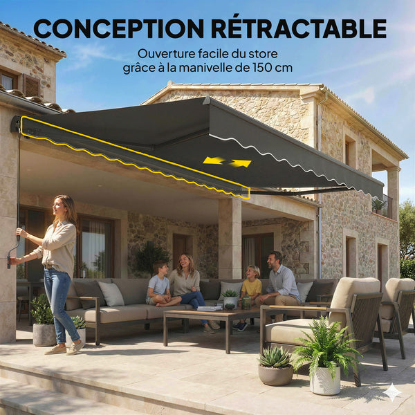 Store banne manuel 3,5x3m, auvent rétractable inclinaison réglable, manivelle, aluminium et polyester 280 g/m² protection UV résistance à l'eau, pour patio, balcon, terrasse, gris foncé