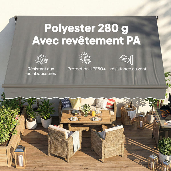 Store banne manuel 3,5x3m, auvent rétractable inclinaison réglable, manivelle, aluminium et polyester 280 g/m² protection UV résistance à l'eau, pour patio, balcon, terrasse, gris foncé