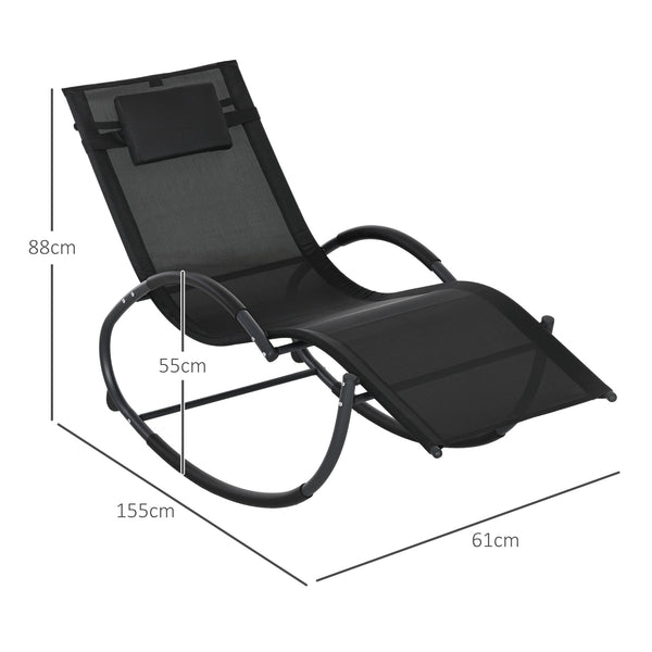 Chaise longue à bascule, transat de jardin ergonomique, bain de soleil, avec tétière, rocking chair, textilène, utilisation extérieure intérieure, noir