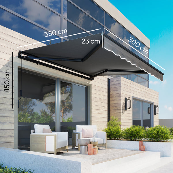 Store banne manuel 3,5x3m, auvent rétractable inclinaison réglable, manivelle, aluminium et polyester 280 g/m² protection UV résistance à l'eau, pour patio, balcon, terrasse, gris foncé