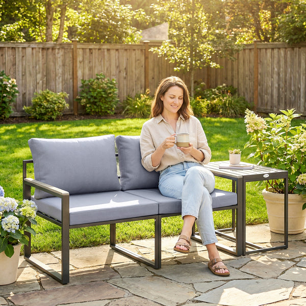 Salon de jardin 3 pièces - ensemble de jardin avec coussins 14cm et accoudoirs en composite bois-plastique : mobilier de balcon avec 2 fauteuils et table d'appoint, assise en textilène, gris