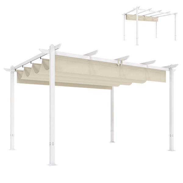 Pergola de Jardin 4 x 3 m avec Toit Rétractable, Gazebo Autoportant avec Trous de Drainage, Protection Solaire UPF30+, Beige