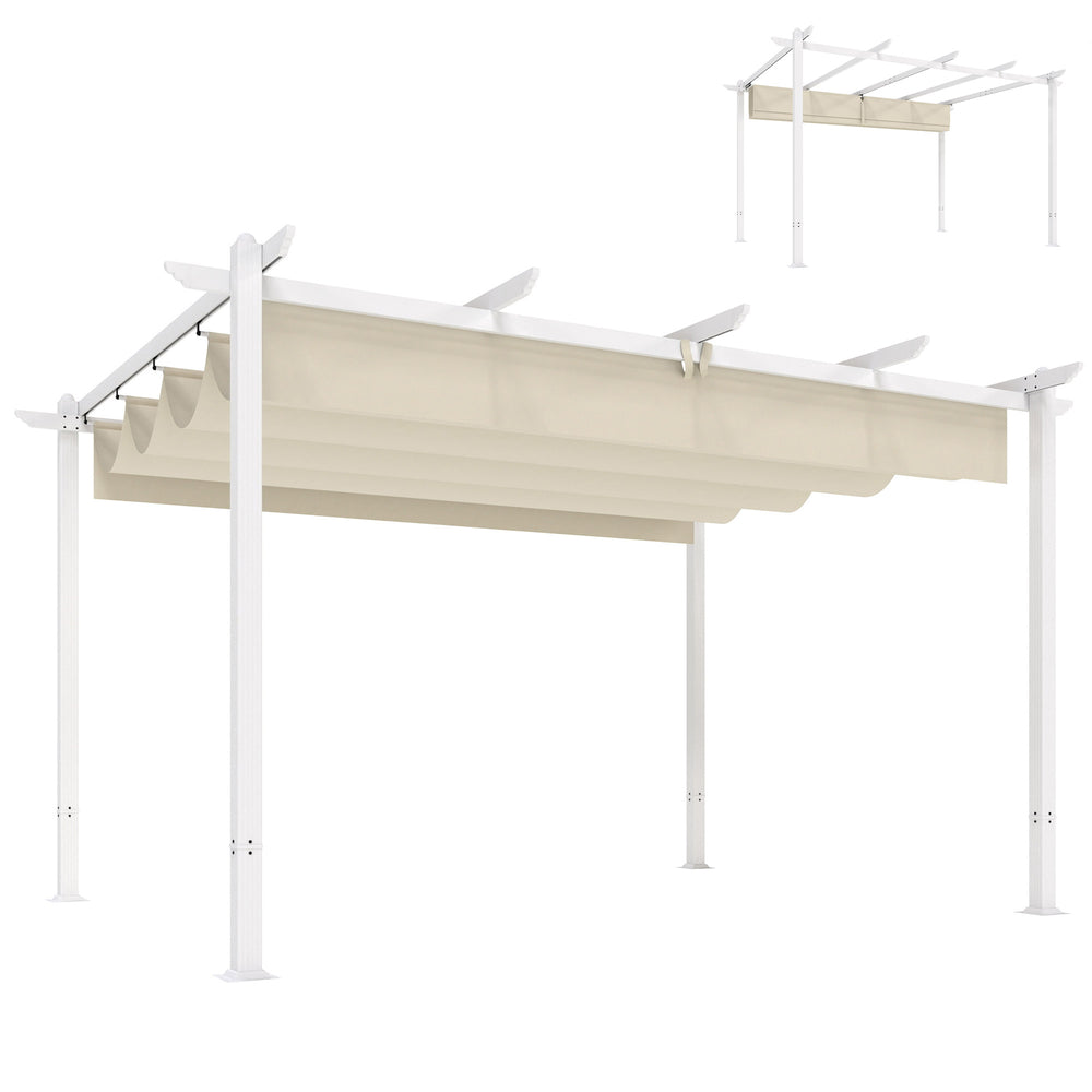 Pergola de Jardin 4 x 3 m avec Toit Rétractable, Gazebo Autoportant avec Trous de Drainage, Protection Solaire UPF30+, Beige