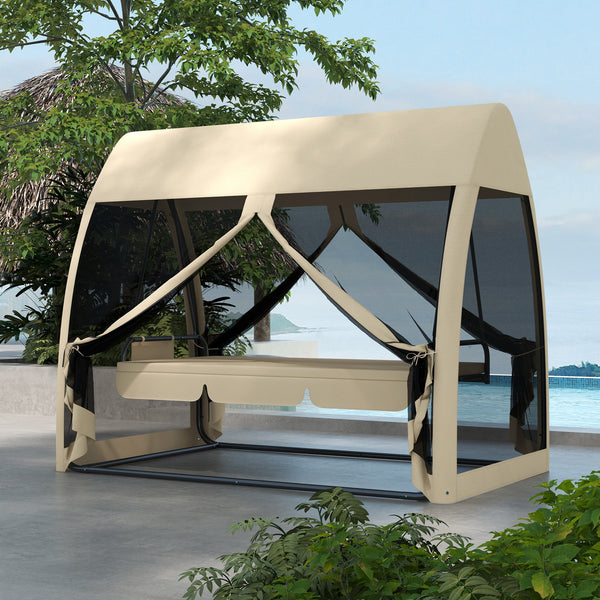 Balancelle de jardin convertible 3 places, balancelle d'extérieur avec auvent et coussins, filet avec fermetures éclair, poche, pour jardin, cour, beige