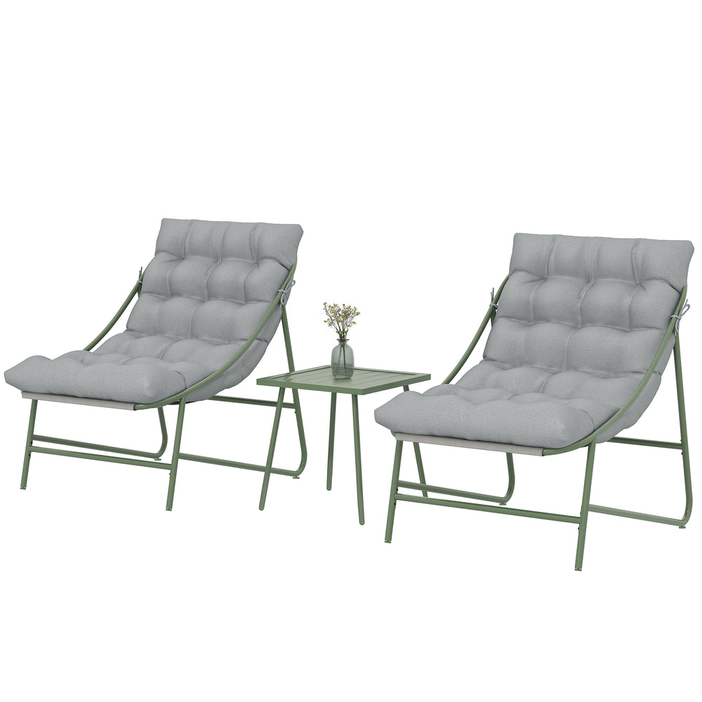 Ensemble bistrot de jardin 3 pièces, salon de jardin extérieur 2 personnes avec 2 chaises, table basse et coussins, mobilier de jardin, terrasse, balcon, véranda, gris clair
