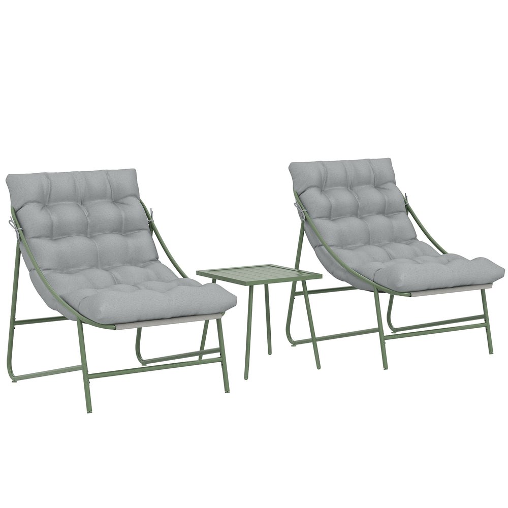 Ensemble bistrot de jardin 3 pièces, salon de jardin extérieur 2 personnes avec 2 chaises, table basse et coussins, mobilier de jardin, terrasse, balcon, véranda, gris clair