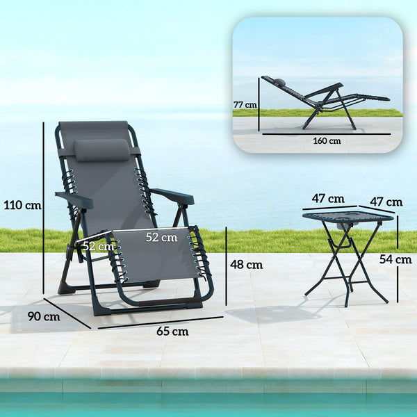 Lot de 2 chaise longue pliable et inclinable avec table d'appoint, fauteuil relax jardin de gravité zéro transat bain de soleil avec porte-gobelets et appuie-tête, charge 120 kg, gris
