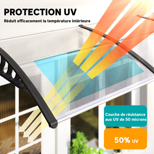 Auvent de porte marquise en polycarbonate auvent de porte d'entrée bord en aluminium résistante toit abri contre la pluie, la neige et UV 303 x 96 x 27 cm transparent