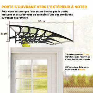 Auvent de porte marquise en polycarbonate auvent de porte d'entrée bord en aluminium résistante toit abri contre la pluie, la neige et UV 303 x 96 x 27 cm transparent