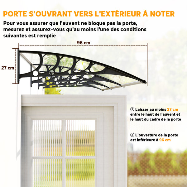 Auvent de porte marquise en polycarbonate auvent de porte d'entrée bord en aluminium résistante toit abri contre la pluie, la neige et UV 303 x 96 x 27 cm transparent