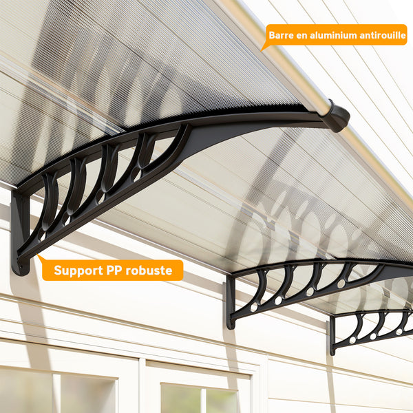 Auvent de porte marquise en polycarbonate auvent de porte d'entrée bord en aluminium résistante toit abri contre la pluie, la neige et UV 303 x 96 x 27 cm transparent