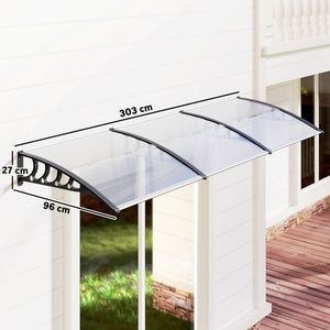 Auvent de porte marquise en polycarbonate auvent de porte d'entrée bord en aluminium résistante toit abri contre la pluie, la neige et UV 303 x 96 x 27 cm transparent