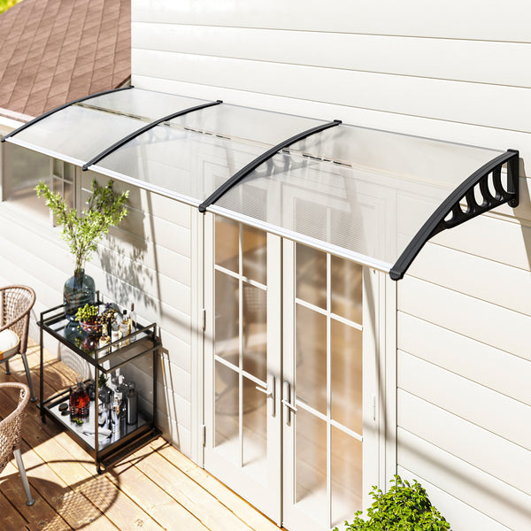 Auvent de porte marquise en polycarbonate auvent de porte d'entrée bord en aluminium résistante toit abri contre la pluie, la neige et UV 303 x 96 x 27 cm transparent