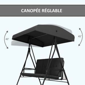 Balancelle de jardin 3 places grand confort inclinaison toit réglable, 2 tablettes latérales, coussins, acier polyester gris foncé