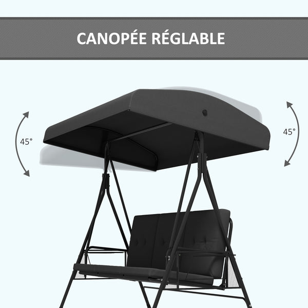 Balancelle de jardin 3 places grand confort inclinaison toit réglable, 2 tablettes latérales, coussins, acier polyester gris foncé