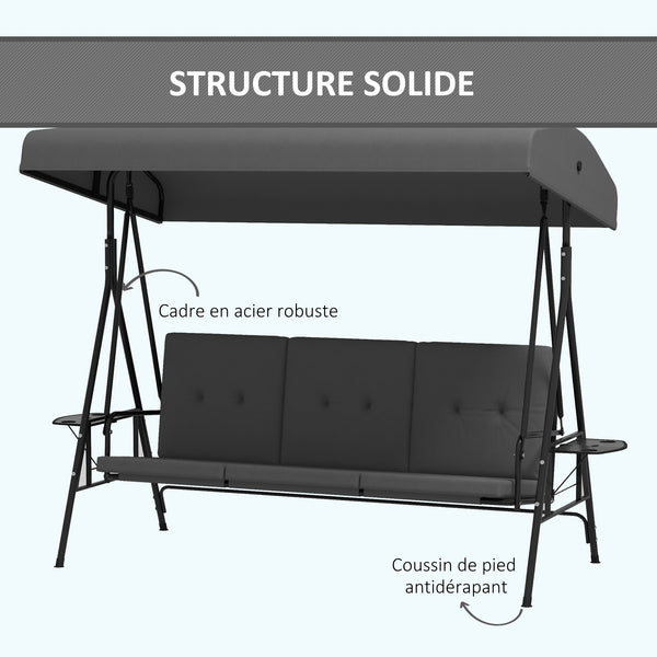 Balancelle de jardin 3 places grand confort inclinaison toit réglable, 2 tablettes latérales, coussins, acier polyester gris foncé