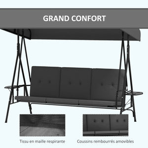 Balancelle de jardin 3 places grand confort inclinaison toit réglable, 2 tablettes latérales, coussins, acier polyester gris foncé