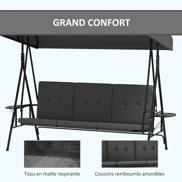 Balancelle de jardin 3 places grand confort inclinaison toit réglable, 2 tablettes latérales, coussins, acier polyester gris foncé