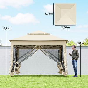 Tonnelle de jardin exterieur Pop-up barum Pliant, 3 x 3 m, Métal Polyester, imperméabilisé Anti UV, moustiquaires + Sac de Transport, crème
