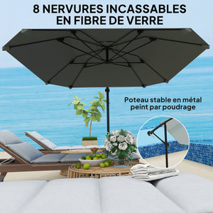 Parasol déporté, parasol de jardin extérieur Inclinable, avec Base, Manivelle, toile polyester 180 g/m², protection UV UPF50+, 304 x 260 x 245 cm, Gris Foncé