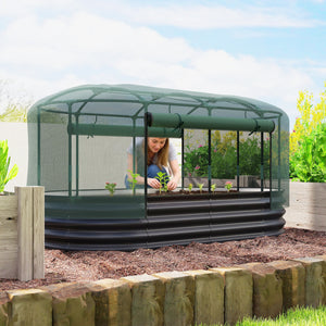 Carré potager de jardin avec cage de protection, jardinière surélevée en acier galvanisé avec système d'auto-arrosage, lit de jardin pour herbes aromatiques, légumes et fleurs, gris et vert