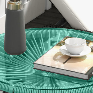 Table basse ronde de jardin en résine aspect rotin métal et plateau verre trempé Ø 50 x 50 cm vert