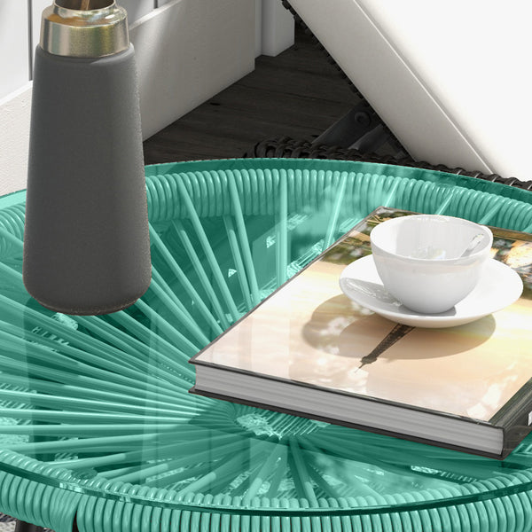 Table basse ronde de jardin en résine aspect rotin métal et plateau verre trempé Ø 50 x 50 cm vert