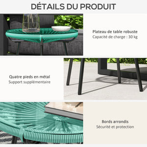 Table basse ronde de jardin en résine aspect rotin métal et plateau verre trempé Ø 50 x 50 cm vert