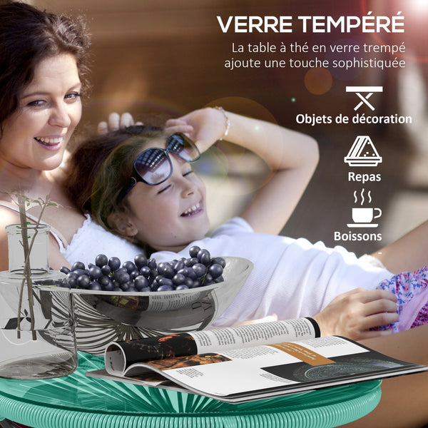 Table basse ronde de jardin en résine aspect rotin métal et plateau verre trempé Ø 50 x 50 cm vert